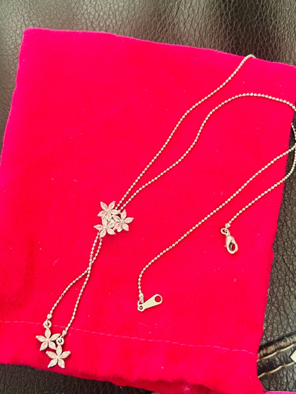 Silver Floral Lariat Necklace - Silver pink stones